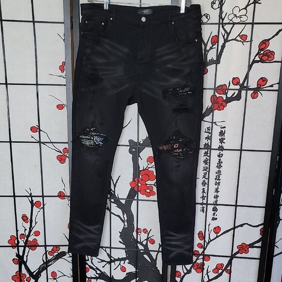 Amiri Black Distressed Bandana Denim Panelled Skinny Jeans Size 41 - Picture 1 of 11